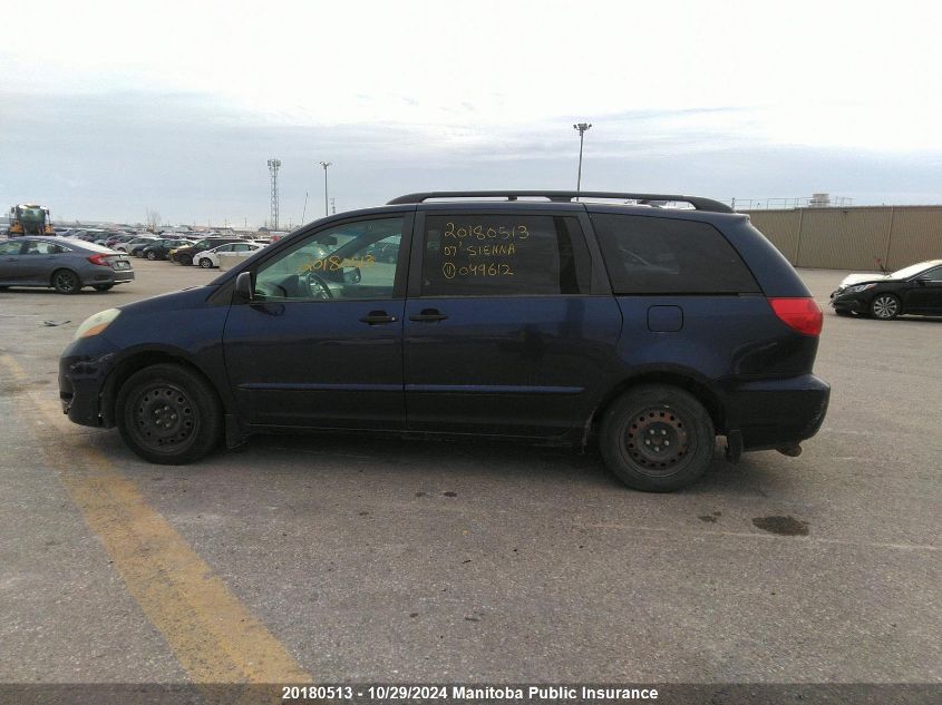 2007 Toyota Sienna Ce V6 VIN: 5TDZK29C87S049612 Lot: 20180513