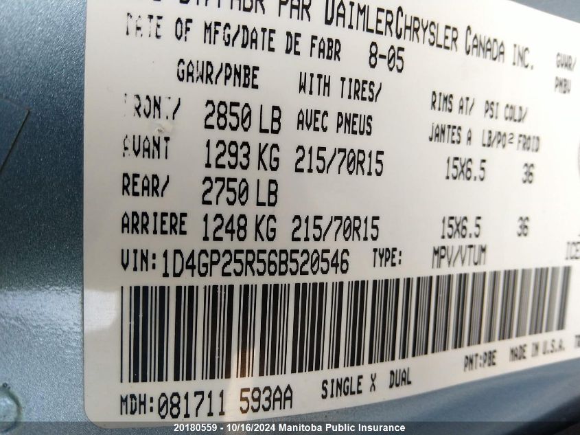2006 Dodge Caravan VIN: 1D4GP25R56B520546 Lot: 20180559