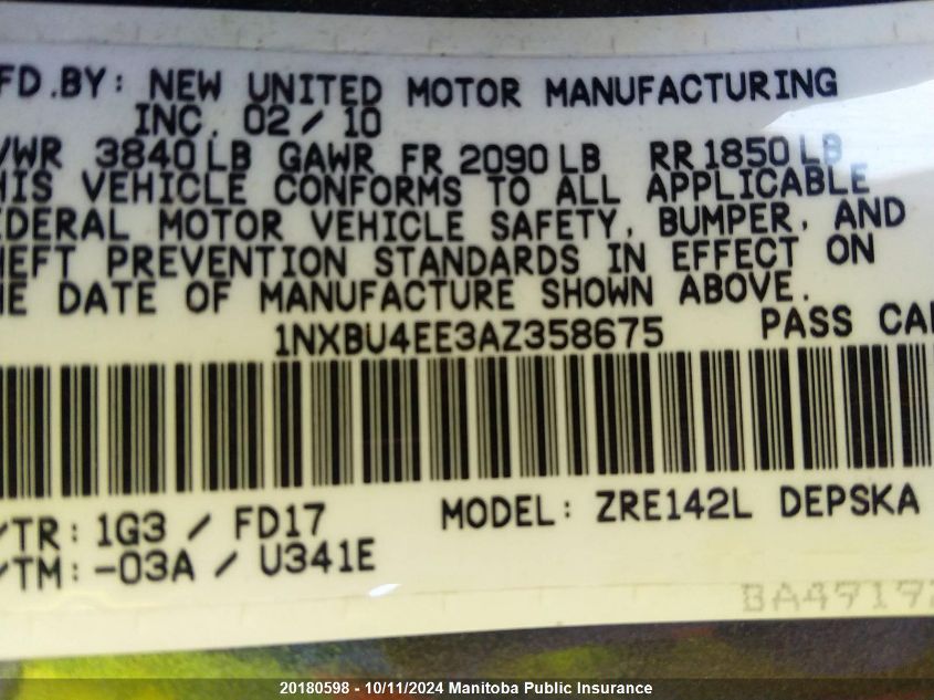 1NXBU4EE3AZ358675 2010 Toyota Corolla S