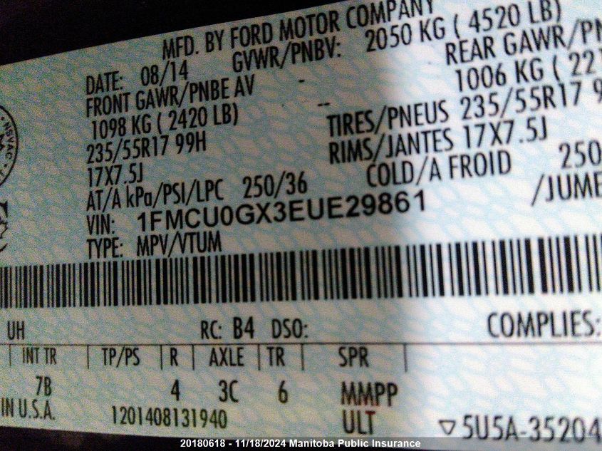 2014 Ford Escape Se VIN: 1FMCU0GX3EUE29861 Lot: 20180618