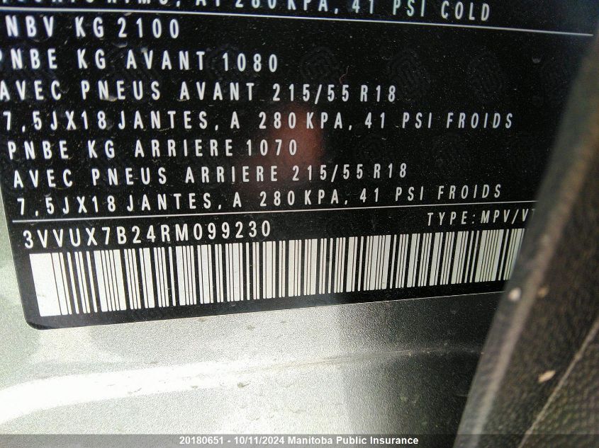 2024 Volkswagen Taos Comfortline 1.5 Tsi VIN: 3VVUX7B24RM099230 Lot: 20180651