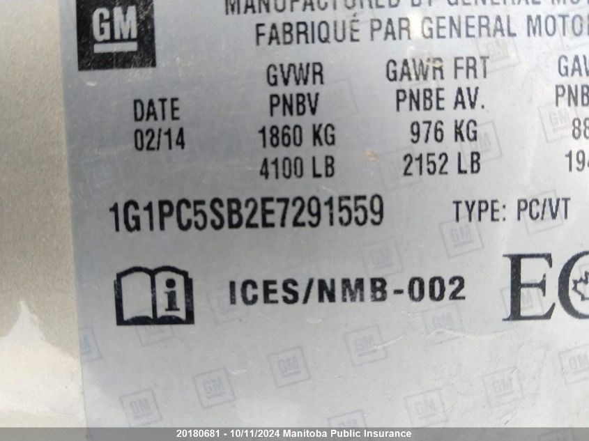 2014 Chevrolet Cruze Lt Turbo VIN: 1G1PC5SB2E7291559 Lot: 20180681