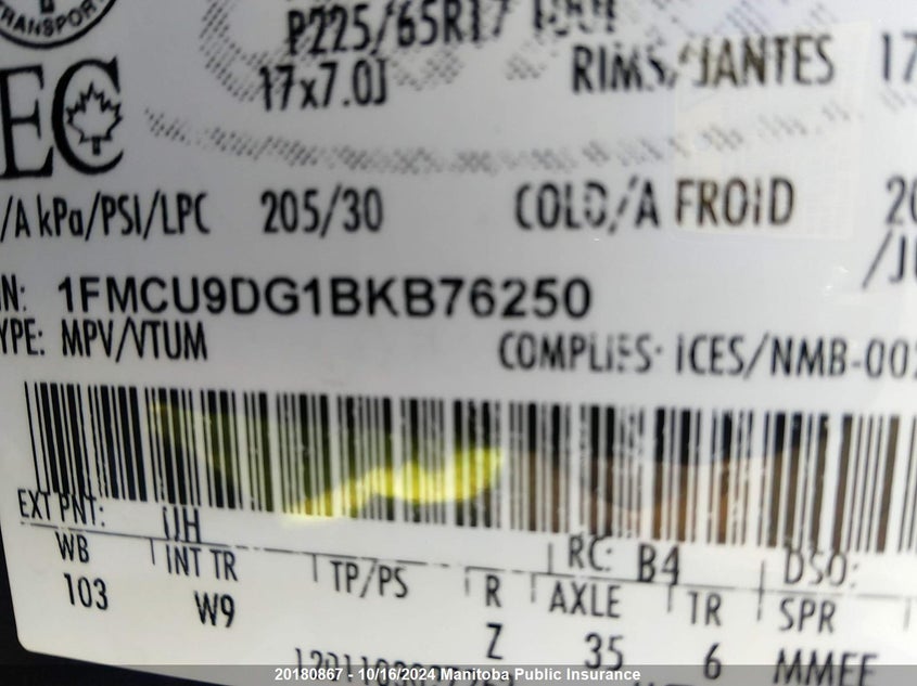 2011 Ford Escape Xlt V6 VIN: 1FMCU9DG1BKB76250 Lot: 20180867