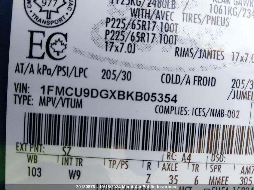 2011 Ford Escape Xlt V6 VIN: 1FMCU9DGXBKB05354 Lot: 20180878