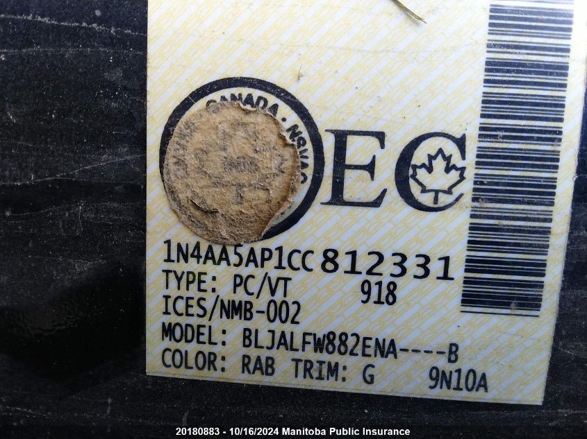 2012 Nissan Maxima 3.5 Sv VIN: 1N4AA5AP1CC812331 Lot: 20180883