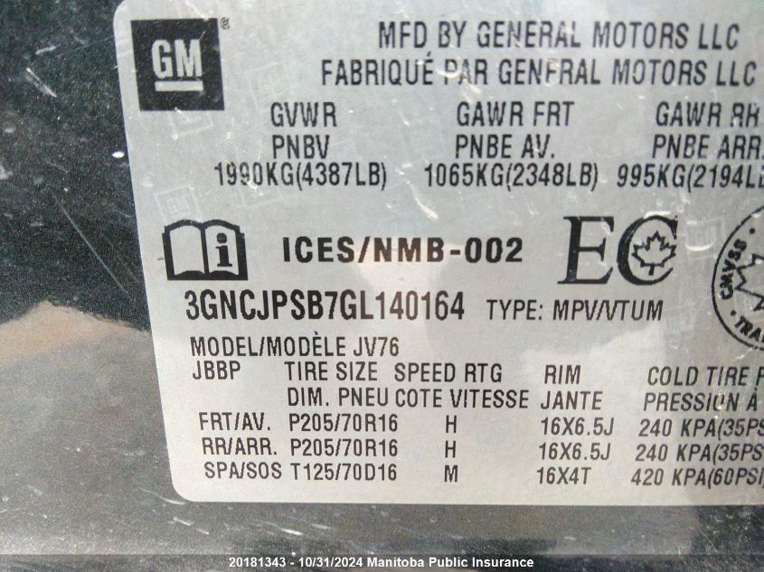 2016 Chevrolet Trax Lt VIN: 3GNCJPSB7GL140164 Lot: 20181343