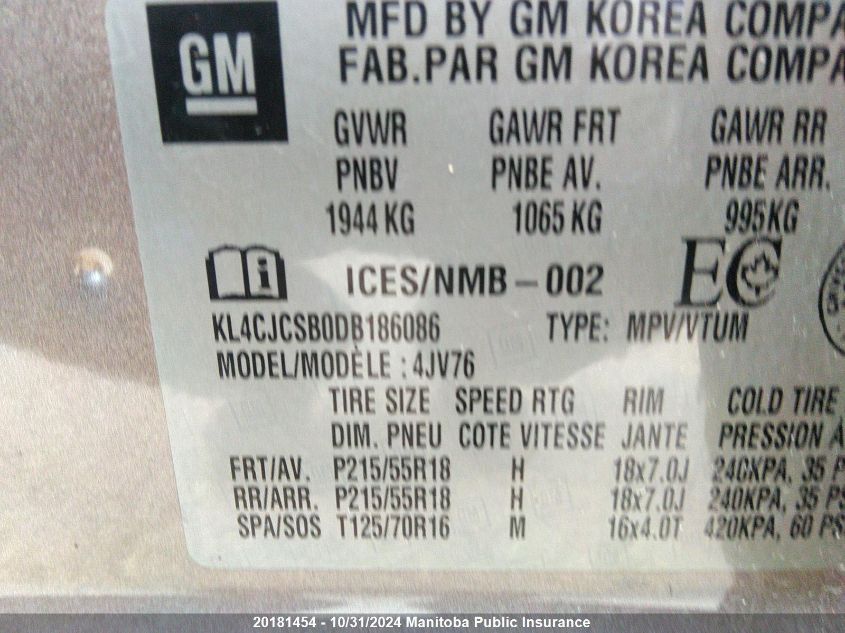 2013 Buick Encore VIN: KL4CJCSB0DB186086 Lot: 20181454