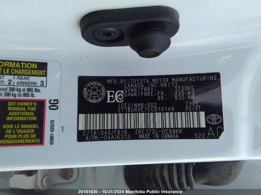 2014 Toyota Corolla Le VIN: 2T1BURHE7EC010149 Lot: 20181830