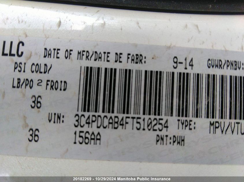 2015 Dodge Journey Se VIN: 3C4PDCAB4FT510254 Lot: 20182269