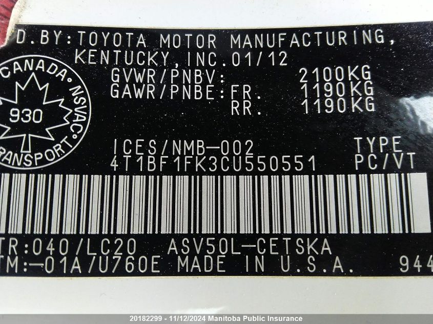 2012 Toyota Camry Se VIN: 4T1BF1FK3CU550551 Lot: 20182299