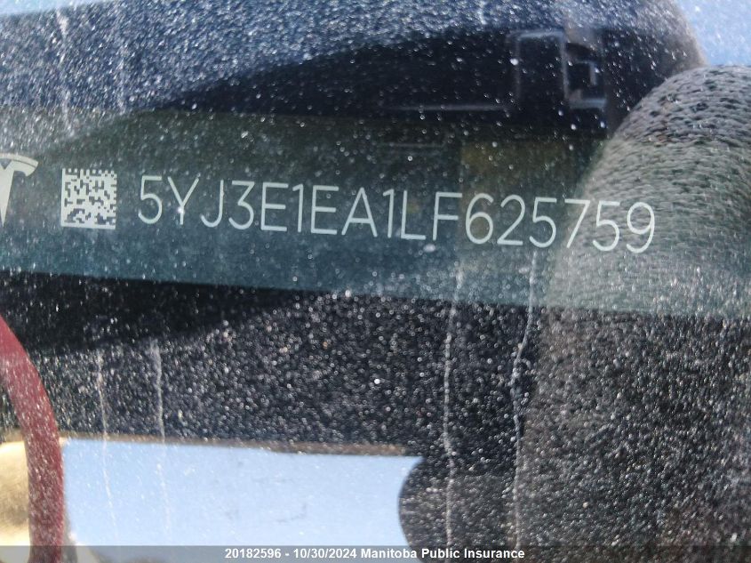 2020 Tesla Model 3 Standard Range Plus 50 VIN: 5YJ3E1EA1LF625759 Lot: 20182596