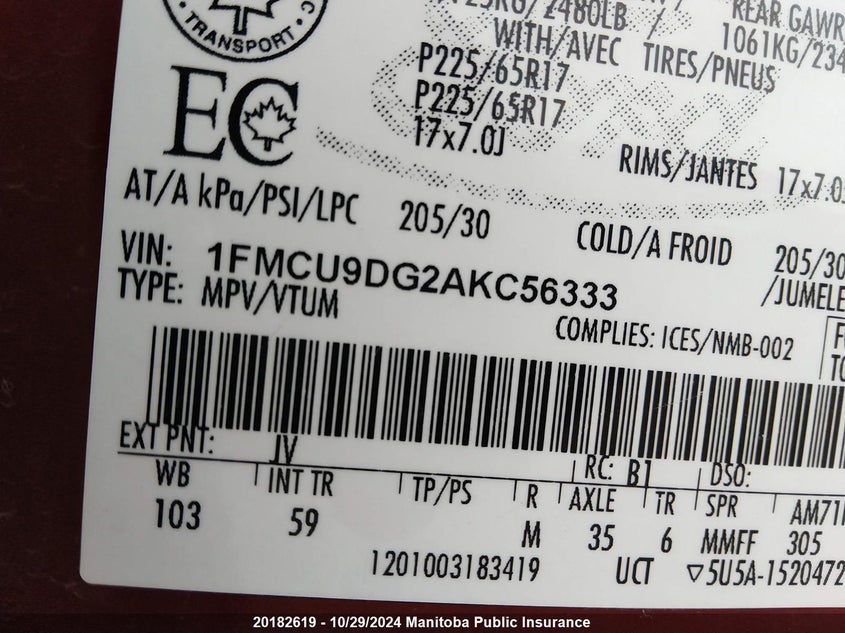 2010 Ford Escape Xlt V6 VIN: 1FMCU9DG2AKC56333 Lot: 20182619