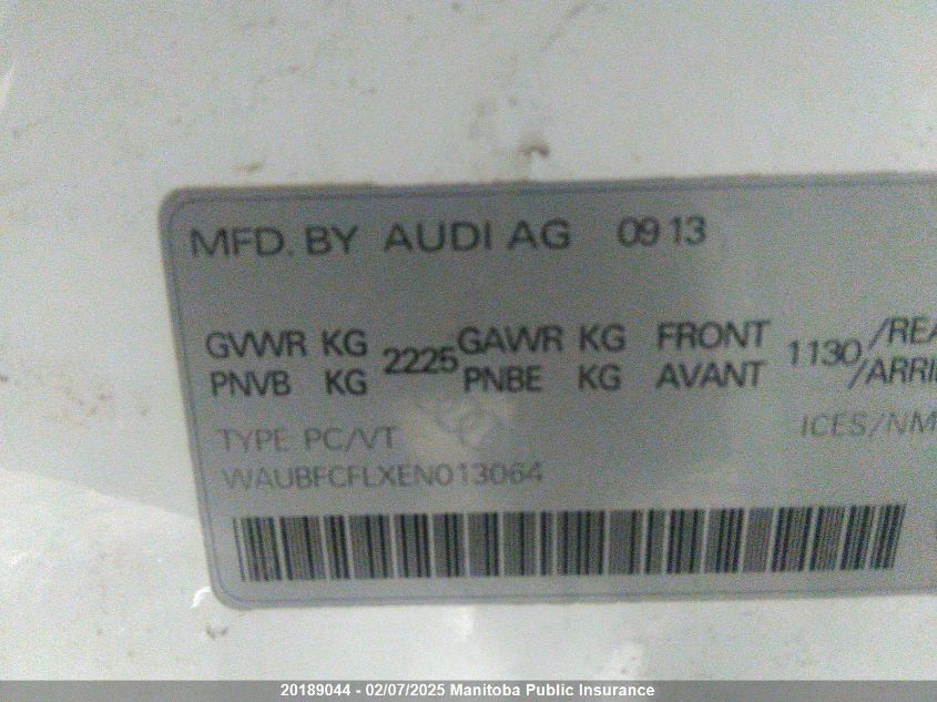 2014 Audi A4 2.0T Quattro VIN: WAUBFCFLXEN013064 Lot: 20189044