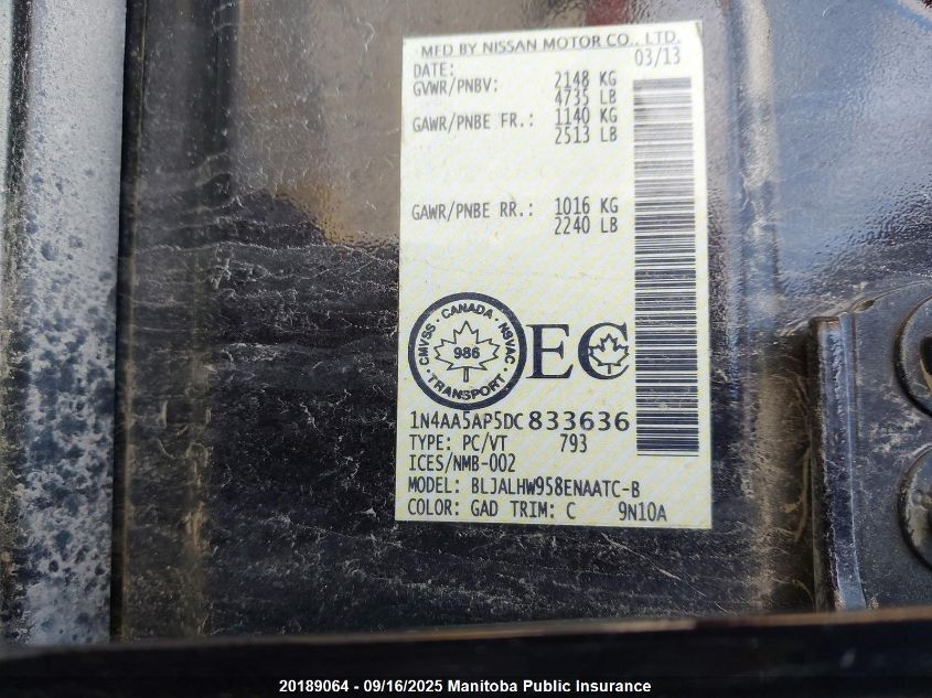 2013 Nissan Maxima 3.5 Sv VIN: 1N4AA5AP5DC833636 Lot: 20189064