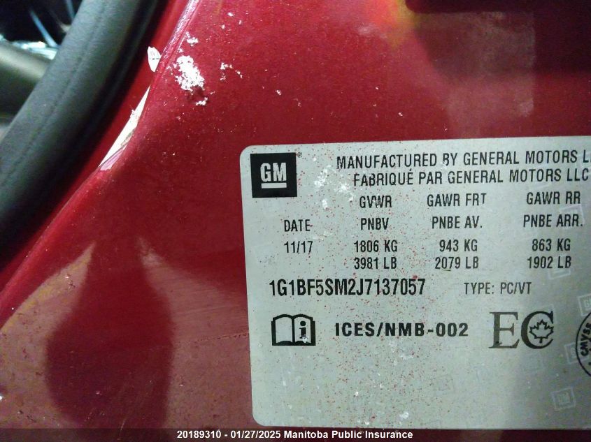 2018 Chevrolet Cruze Premier Turbo VIN: 1G1BF5SM2J7137057 Lot: 20189310