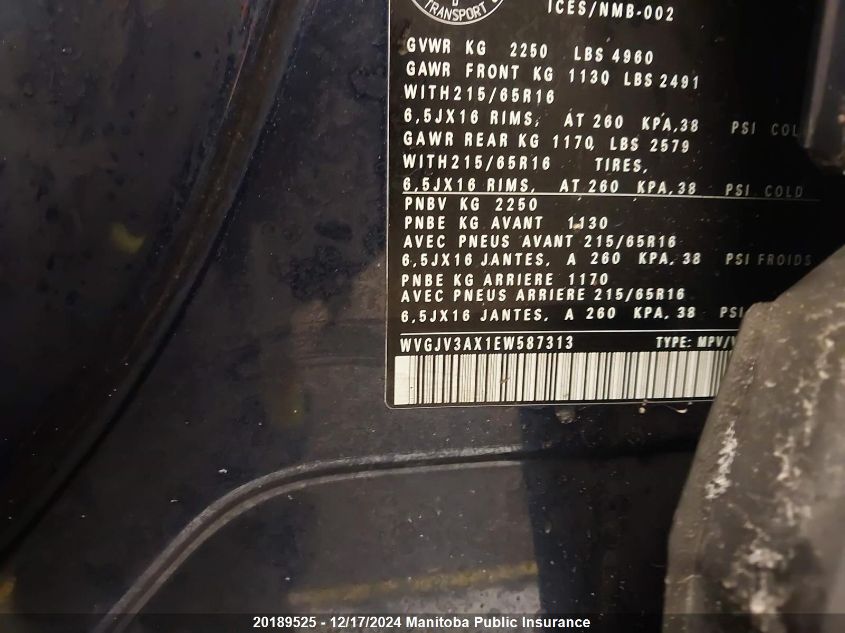 2014 Volkswagen Tiguan 2.0 Tsi VIN: WVGJV3AX1EW587313 Lot: 20189525