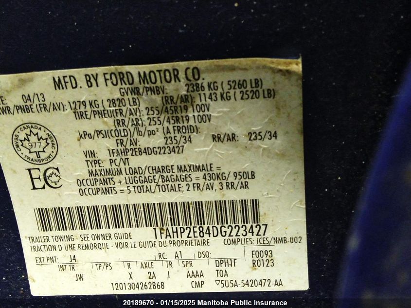 2013 Ford Taurus Sel VIN: 1FAHP2E84DG223427 Lot: 20189670