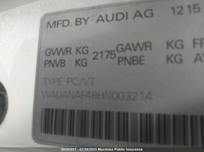 2017 Audi A4 2.0T Quattro VIN: WAUANAF48HN003214 Lot: 20191077