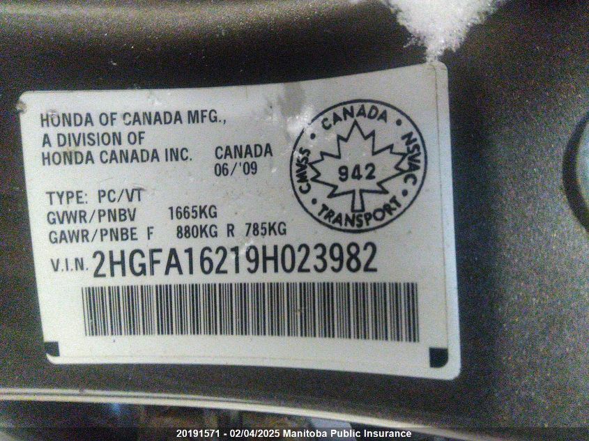 2009 Honda Civic Ex-L VIN: 2HGFA16219H023982 Lot: 20191571