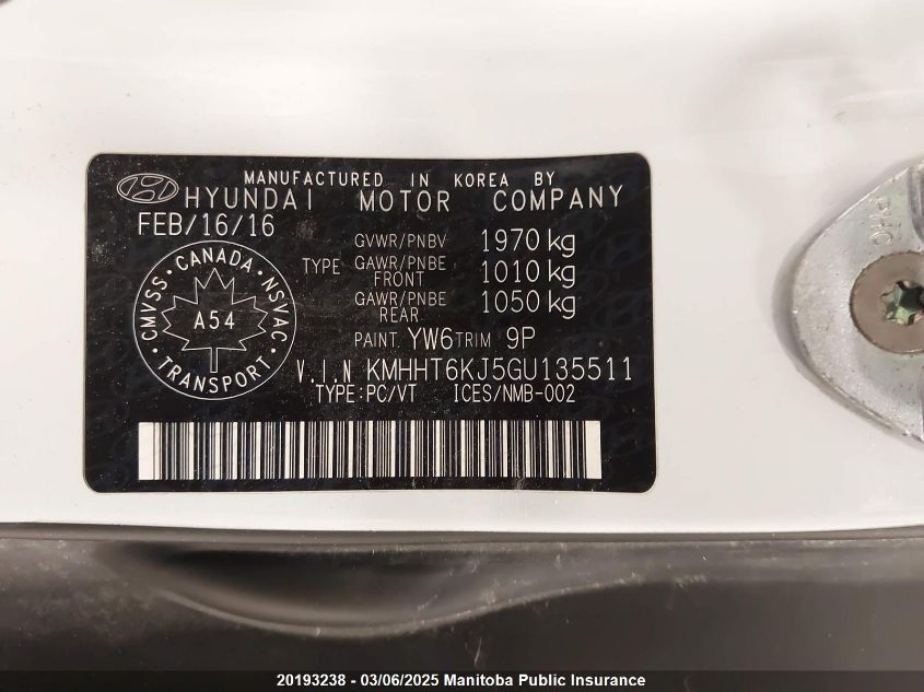 2016 Hyundai Genesis R-Spec V6 VIN: KMHHT6KJ5GU135511 Lot: 20193238