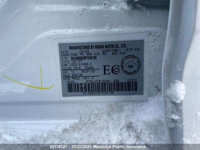 2023 Nissan Sentra 2.0 Sr VIN: 3N1AB8DV0PY248108 Lot: 20194127