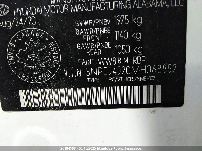 2021 Hyundai Sonata Sport 1.6T VIN: 5NPEJ4J20MH068852 Lot: 20194368