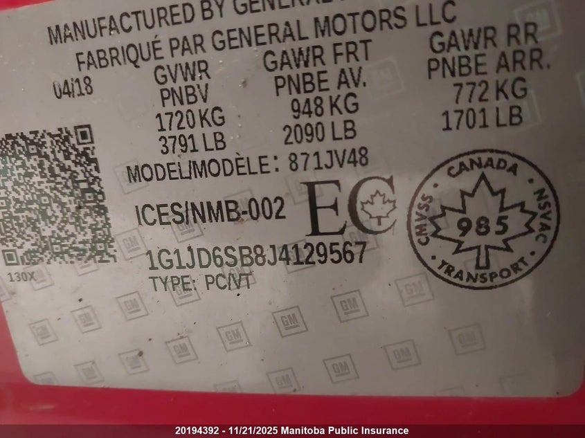 2018 Chevrolet Sonic Lt VIN: 1G1JD6SB8J4129567 Lot: 20194392