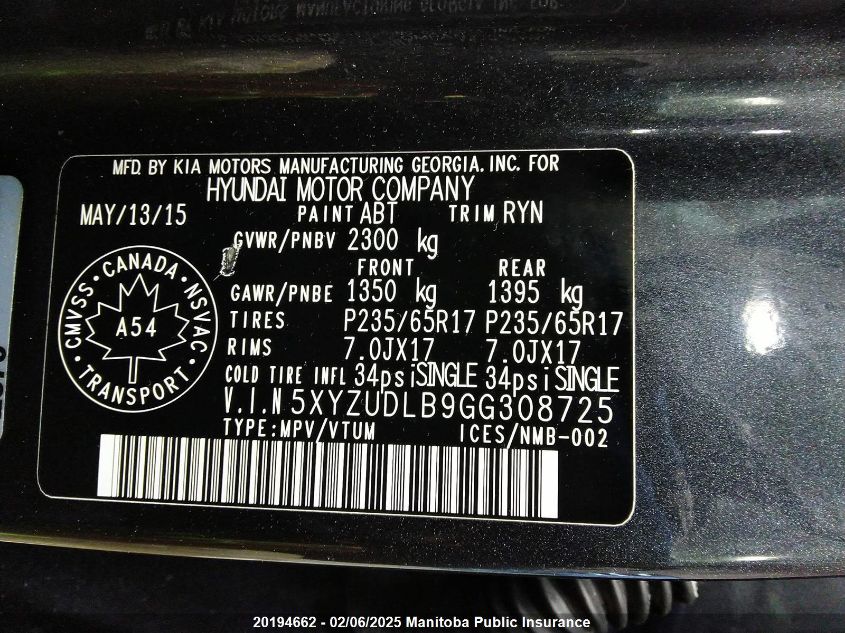 2016 Hyundai Santa Fe Sport VIN: 5XYZUDLB9GG308725 Lot: 20194662
