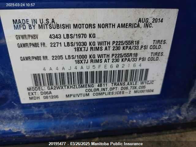 2015 Mitsubishi Rvr Se VIN: 4A4AJ4AU5FE602164 Lot: 20195477