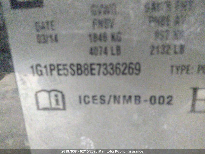 2014 Chevrolet Cruze Lt Turbo VIN: 1G1PE5SB8E7336269 Lot: 20197938