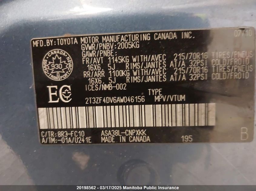2010 Toyota Rav4 VIN: 2T3ZF4DV6AW046156 Lot: 20198562