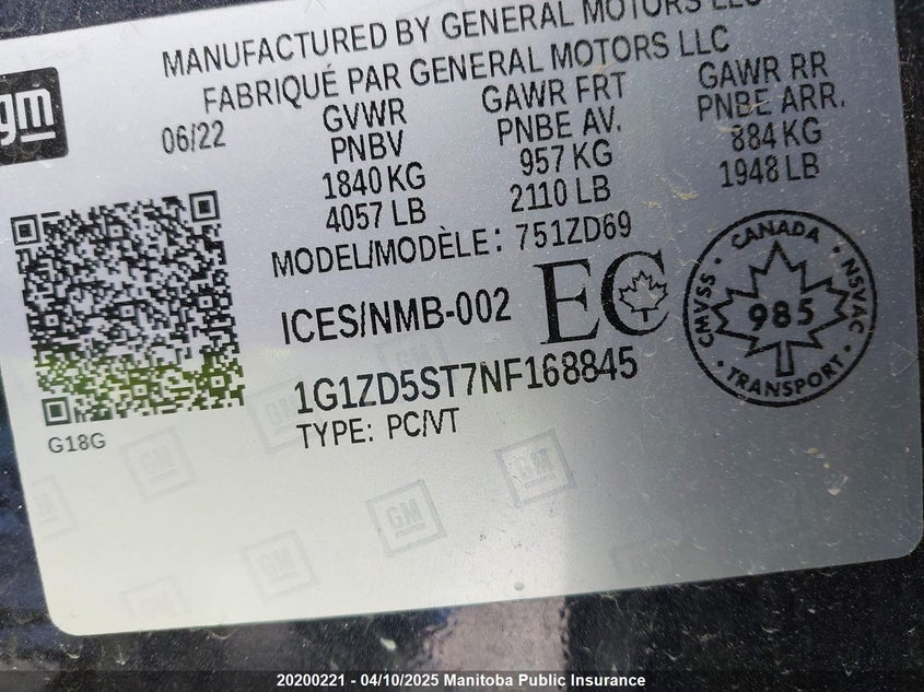 2022 Chevrolet Malibu Lt VIN: 1G1ZD5ST7NF168845 Lot: 20200221