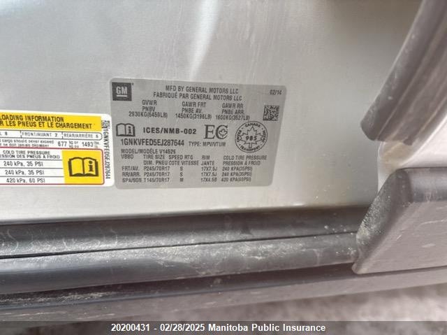 2014 Chevrolet Traverse Ls VIN: 1GNKVFED5EJ287644 Lot: 20200431