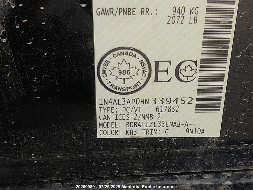 2017 Nissan Altima 2.5 Sv VIN: 1N4AL3AP0HN339452 Lot: 20200989