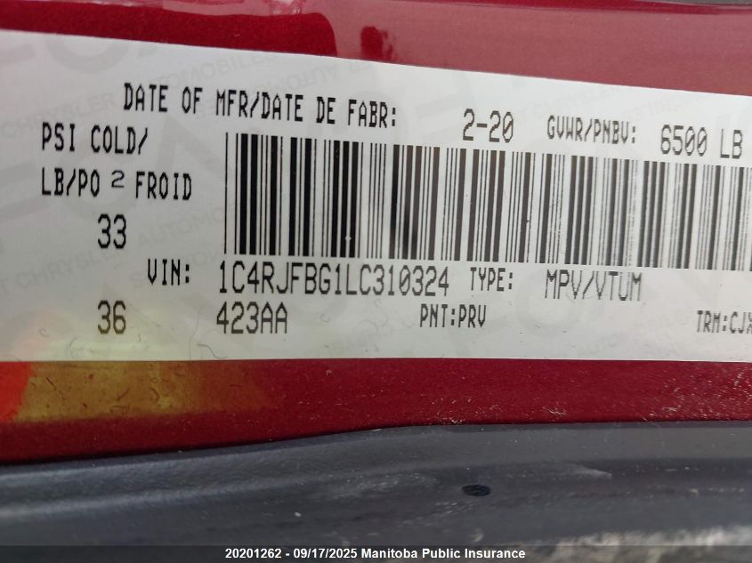 2020 Jeep Grand Cherokee Limited VIN: 1C4RJFBG1LC310324 Lot: 20201262