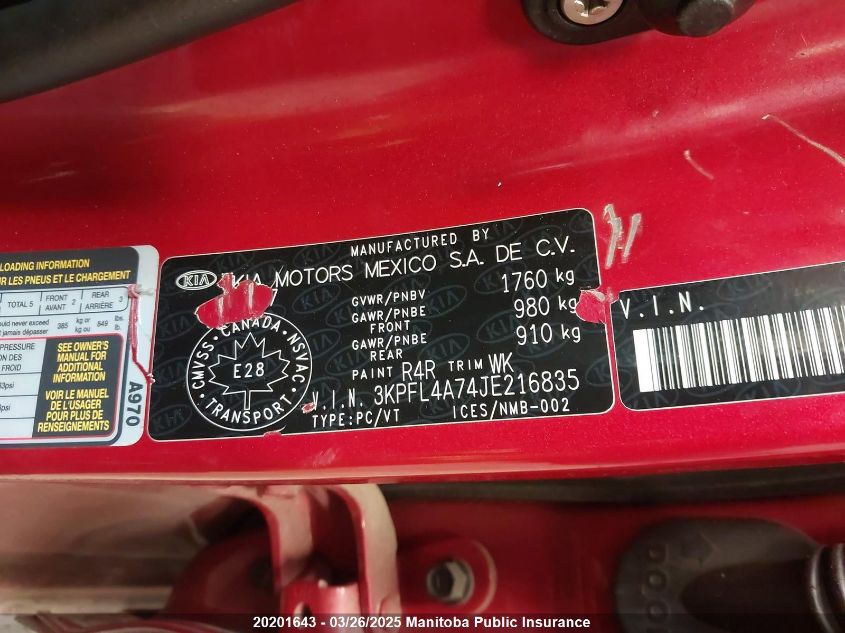 2018 Kia Forte Lx VIN: 3KPFL4A74JE216835 Lot: 20201643