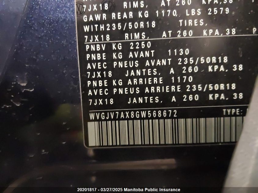 2016 Volkswagen Tiguan 2.0 Tsi VIN: WVGJV7AX8GW568672 Lot: 20201817