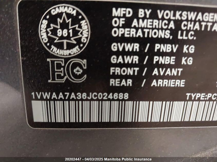 2018 Volkswagen Passat 2.0 Tsi VIN: 1VWAA7A36JC024688 Lot: 20202447