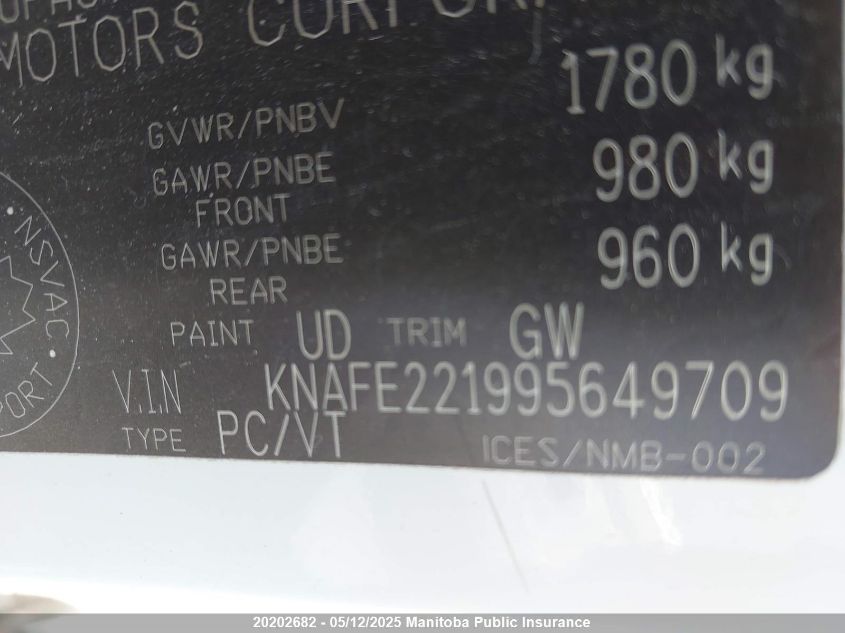 2009 Kia Spectra Lx Convenience VIN: KNAFE221995649709 Lot: 20202682