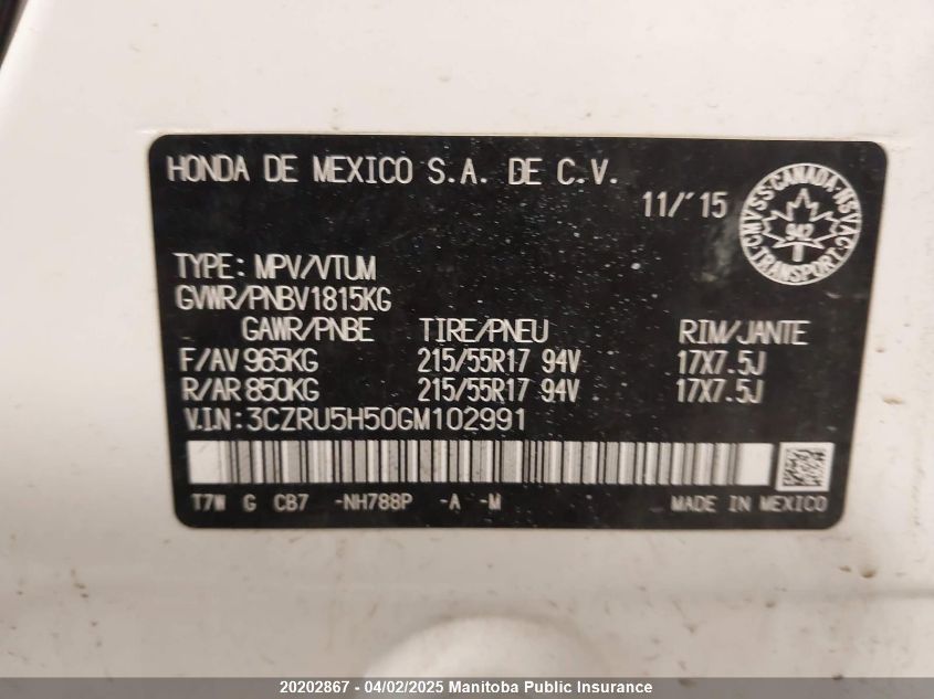 2016 Honda Hr-V Lx VIN: 3CZRU5H50GM102991 Lot: 20202867