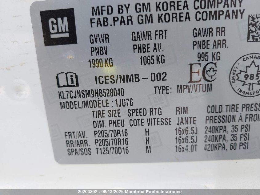 2022 Chevrolet Trax Ls VIN: KL7CJNSM9NB528040 Lot: 20203892