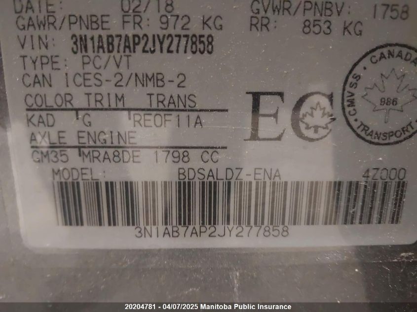 2018 Nissan Sentra 1.8 Sv VIN: 3N1AB7AP2JY277858 Lot: 20204781