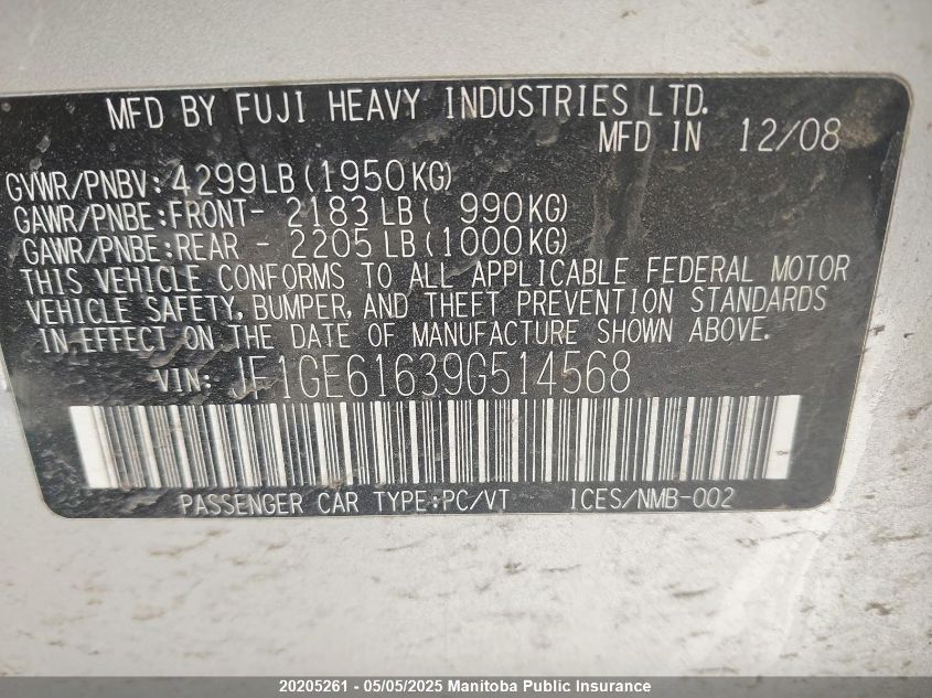 2009 Subaru Impreza 2.5I VIN: JF1GE61639G514568 Lot: 20205261