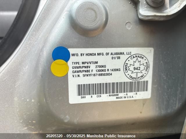 2008 Honda Pilot Ex-L VIN: 5FNYF18718B503834 Lot: 20205320