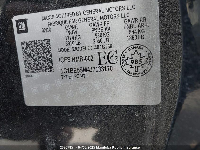 2018 Chevrolet Cruze Lt Turbo VIN: 1G1BE5SM4J7183170 Lot: 20207851