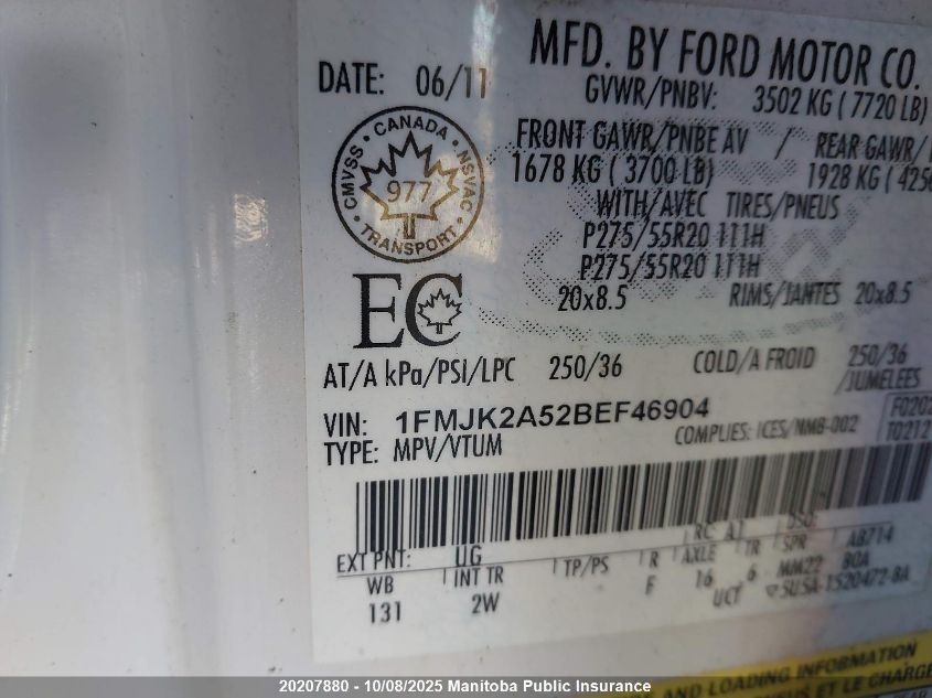 2011 Ford Expedition El Limited VIN: 1FMJK2A52BEF46904 Lot: 20207880