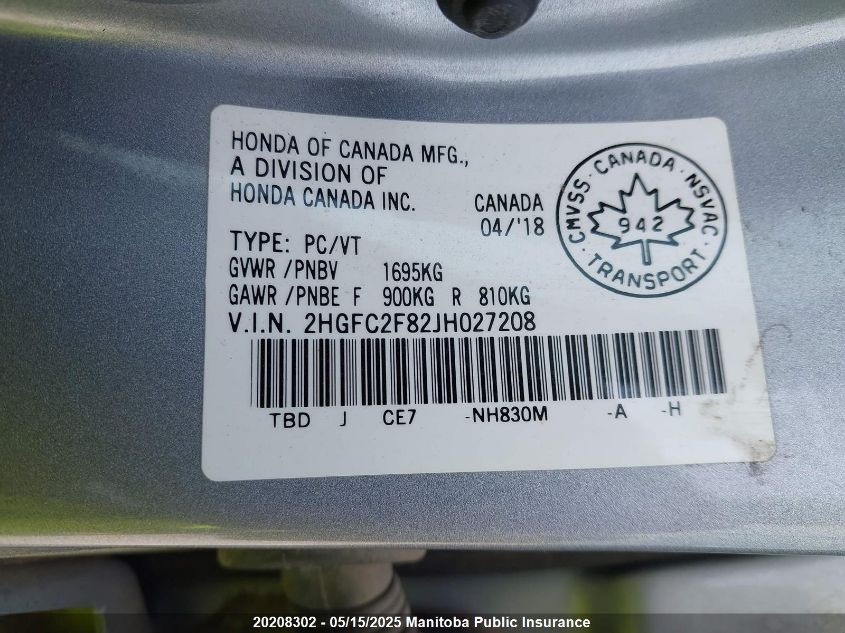 2018 Honda Civic Ex VIN: 2HGFC2F82JH027208 Lot: 20208302