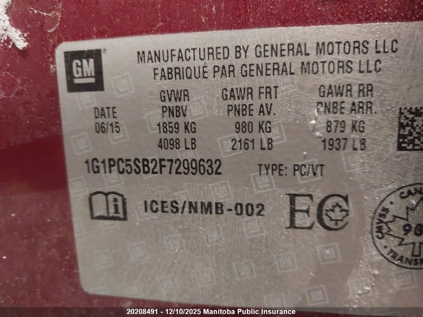 2015 Chevrolet Cruze Lt Turbo VIN: 1G1PC5SB2F7299632 Lot: 20208491