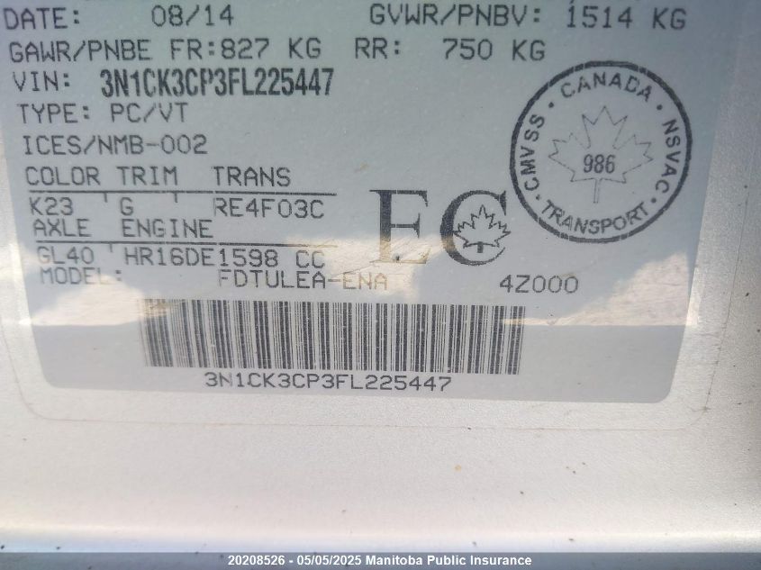 2015 Nissan Micra Sv VIN: 3N1CK3CP3FL225447 Lot: 20208526