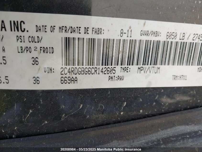 2012 Dodge Grand Caravan Sxt VIN: 2C4RDGBG6CR142605 Lot: 20208984